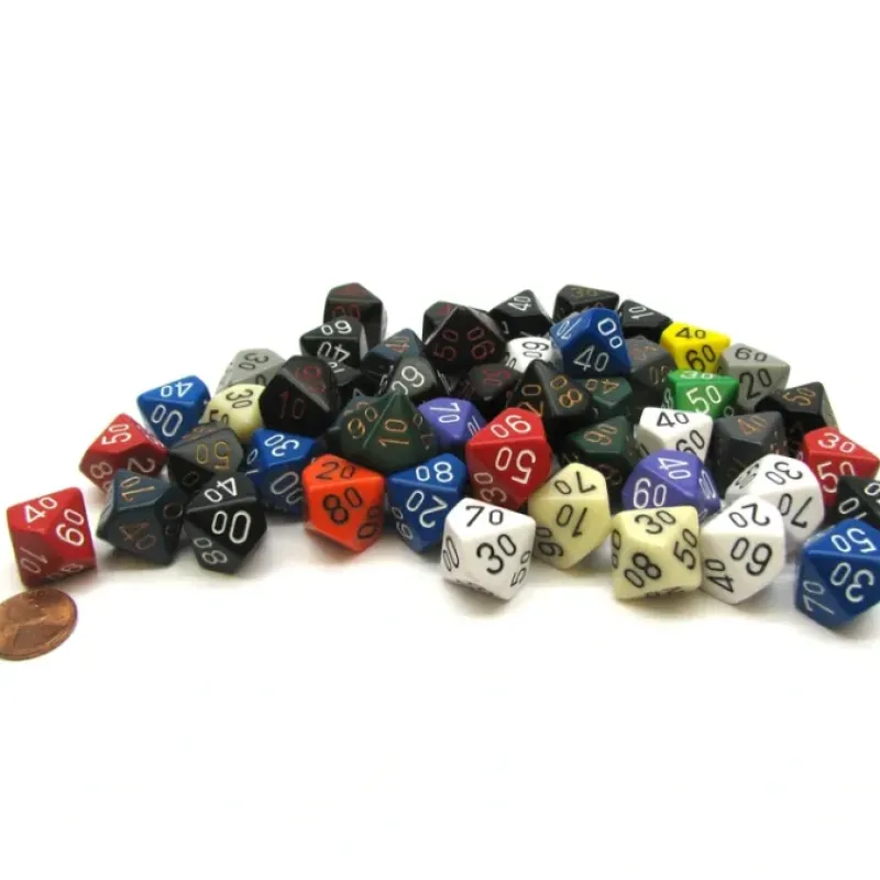 Dice-Bag of 50 Assorted Loose Opaque Polyhedral 16mm Tens D10 Dice - Your Source for Gaming Essentials