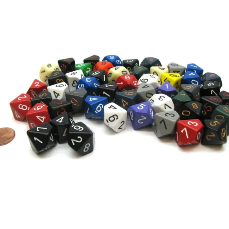 Dice-Bag of 50 Assorted Loose Opaque Polyhedral 16mm D10 Dice - Your Source for Gaming Essentials