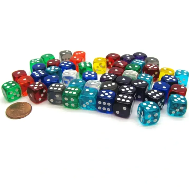 Dice-Bag of 50 Assorted Loose Translucent 12mm D6 Dice - Your Source for Gaming Essentials
