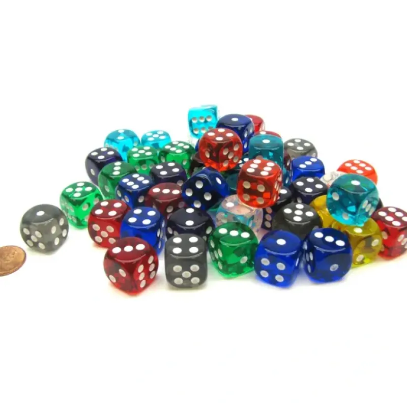 Dice-Bag of 50 Assorted Loose Translucent 16mm D6 Dice - Your Source for Gaming Essentials