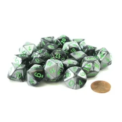 Dice-Bag of 20 Gemini Polyhedral Dice - Black-Grey with Green Numbers - Your Source for Gaming Essentials
