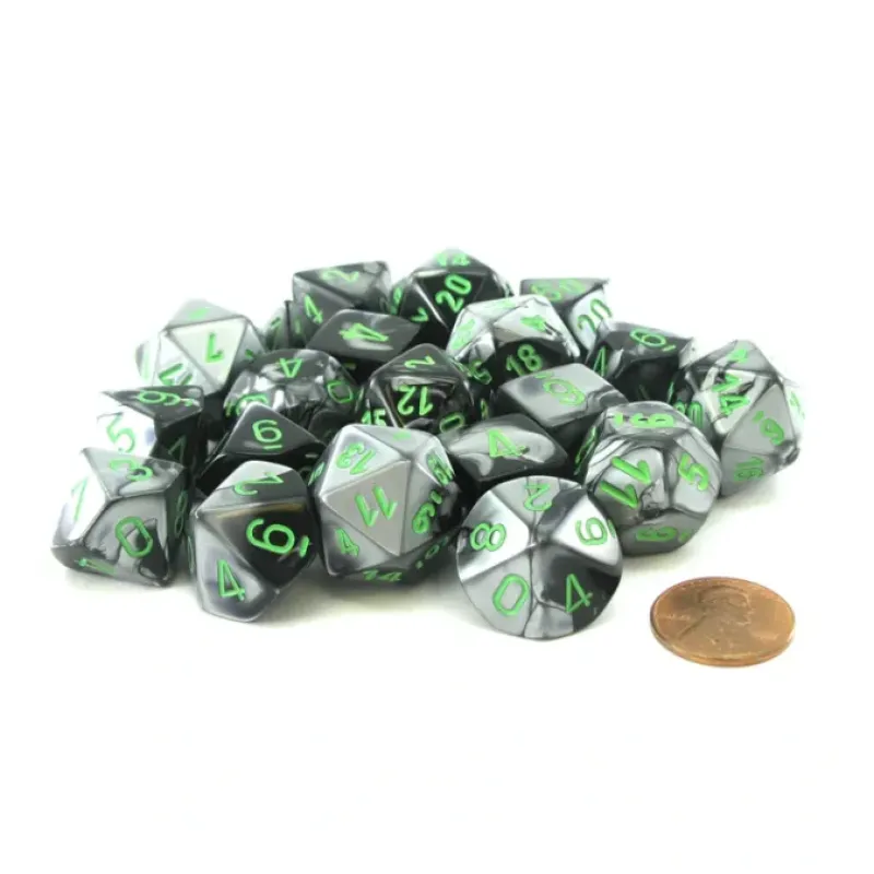 Dice-Bag of 20 Gemini Polyhedral Dice - Black-Grey with Green Numbers - Your Source for Gaming Essentials