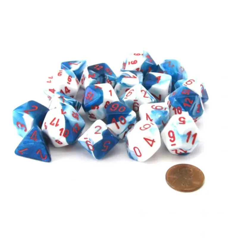 Dice-Bag of 20 Gemini Polyhedral Dice - Astral Blue-White with Red Numbers - Your Source for Gaming Essentials