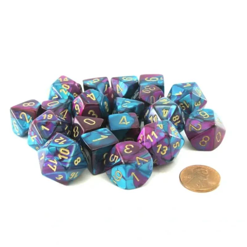 Dice-Bag of 20 Gemini Polyhedral Dice - Purple-Teal with Gold Numbers - Your Source for Gaming Essentials