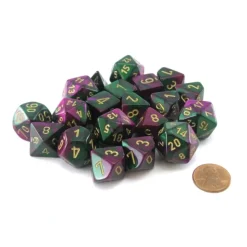 Dice-Bag of 20 Gemini Polyhedral Dice - Green-Purple with Gold Numbers - Your Source for Gaming Essentials