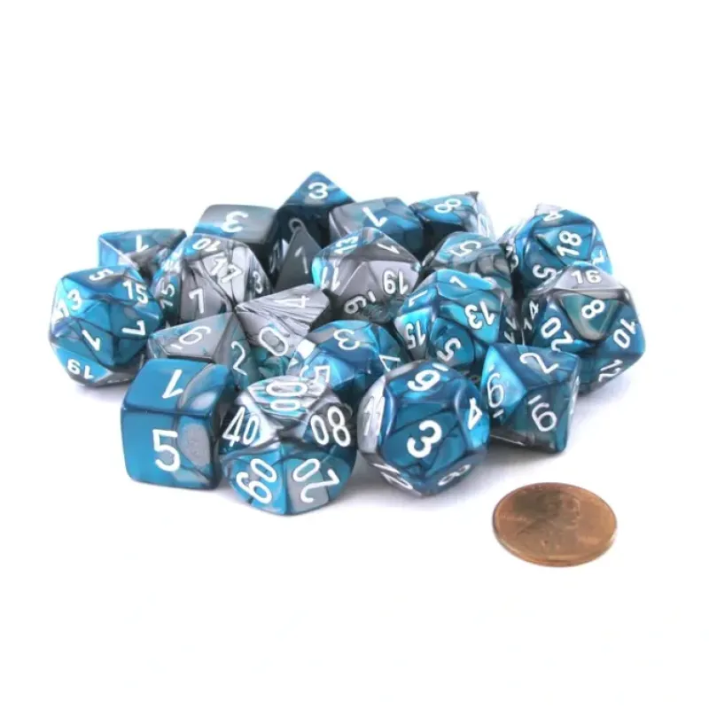 Dice-Bag of 20 Gemini Polyhedral Dice - Steel-Teal with White Numbers - Your Source for Gaming Essentials