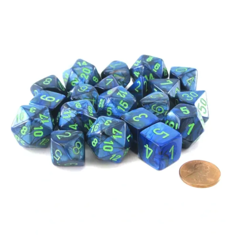 Dice-Bag of 20 Lustrous Polyhedral Dice - Dark Blue with Green Numbers - Your Source for Gaming Essentials