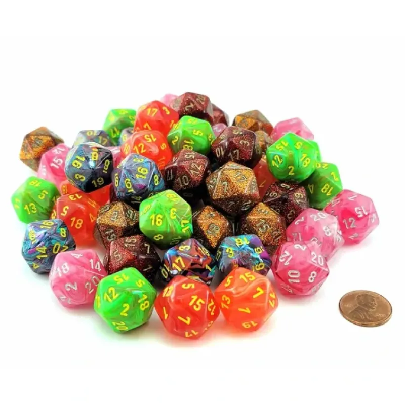 Dice-Bag of 50 Menagerie Styles D20 Dice (Festive, Ghostly Glow, Glitter, Vortex) - Your Source for Gaming Essentials