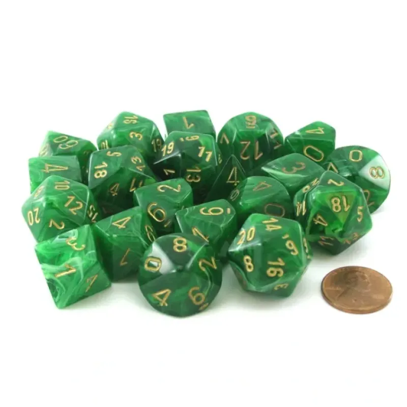 Dice-Bag of 20 Vortex Polyhedral Dice - Green with Gold Numbers - Your Source for Gaming Essentials