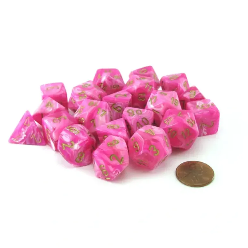 Dice-Bag of 20 Vortex Polyhedral Dice - Pink with Gold Numbers - Your Source for Gaming Essentials