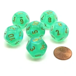 Dice-Borealis 18mm 12 Sided D12 Chessex Dice, 6 Pieces - Light Green with Gold - Your Source for Gaming Essentials