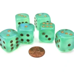 Dice-Borealis 20mm Big D6 Chessex Dice, 6 Pieces - Light Green with Gold Pips - Your Source for Gaming Essentials