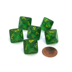 Dice-Borealis 15mm D8 Chessex Dice, 6 Pieces - Maple Green with Yellow Numbers - Your Source for Gaming Essentials