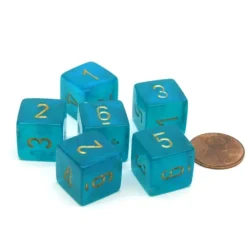 Dice-Borealis 15mm D6 Polyhedral Chessex Dice, 6 Pieces - Teal with Gold Numbers - Your Source for Gaming Essentials