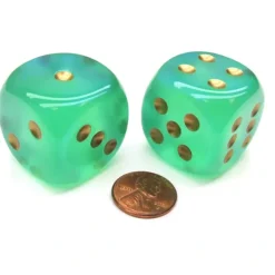 Dice-Borealis 30mm Large D6 Chessex Dice, 2 Pieces - Light Green with Gold Pips - Your Source for Gaming Essentials