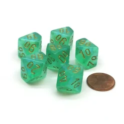 Dice-Borealis 16mm Tens D10 (00-90) Chessex Dice, 6 Pieces - Light Green with Gold - Your Source for Gaming Essentials