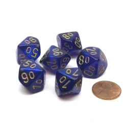 Dice-Borealis 16mm Tens D10 (00-90) Chessex Dice, 6 Pieces - Royal Purple with Gold - Your Source for Gaming Essentials