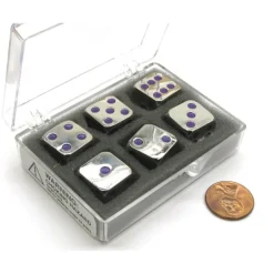 Dice-Box of 6 Zinc Metal Alloy D6 15mm Heavy Dice - Purple Pips - Your Source for Gaming Essentials