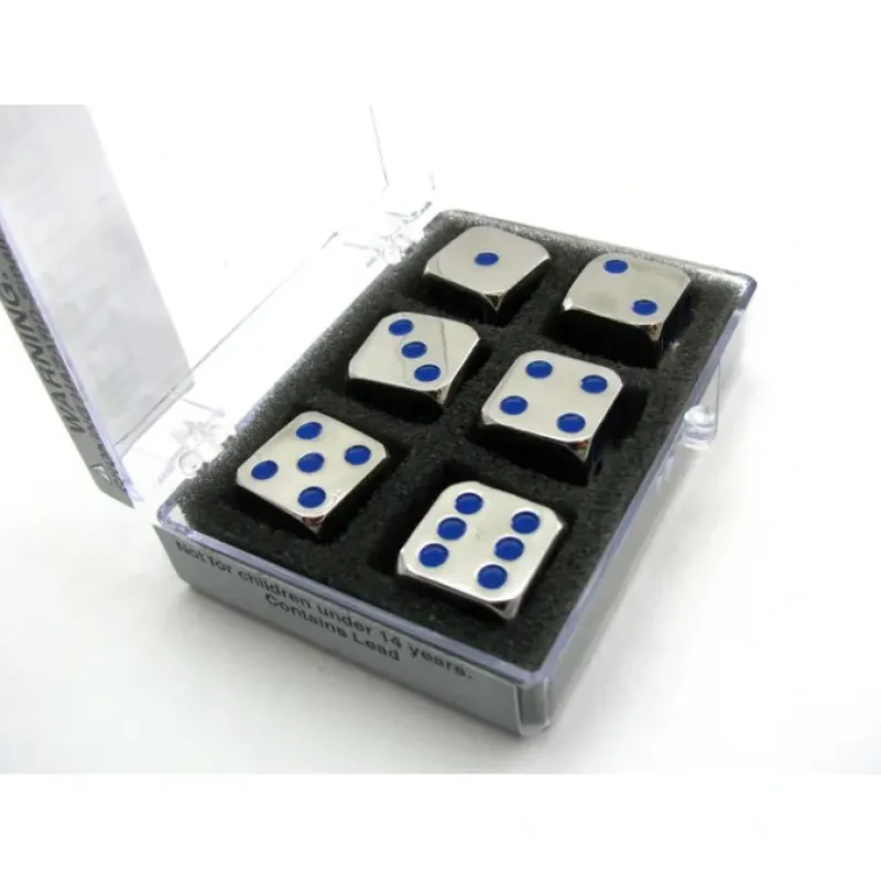 Dice-Box of 6 Zinc Metal Alloy D6 15mm Heavy Dice - Blue Pips - Your Source for Gaming Essentials