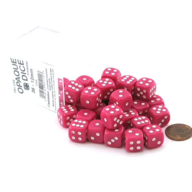 Dice-Case of 36 Deluxe Opaque Small 12mm Round Edge Dice - Pink with White Pips - Your Source for Gaming Essentials