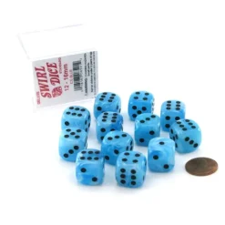 Dice-Case of 12 Deluxe Swirl 16mm Round Edge Dice - Ice Blue with Black Pips - Your Source for Gaming Essentials
