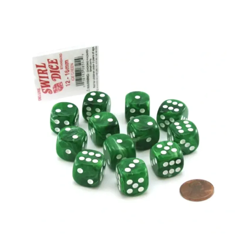 Dice-Case of 12 Deluxe Swirl 16mm Round Edge Dice - Ice Green with White Pips - Your Source for Gaming Essentials