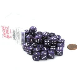 Dice-Case of 36 Deluxe Swirl Small 12mm Round Edge Dice - Purple with White Pips - Your Source for Gaming Essentials