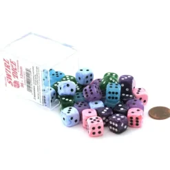 Dice-Case of 36 Deluxe Swirl Small 12mm Round Edge Dice - Assorted Colors - Your Source for Gaming Essentials