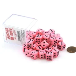 Dice-Case of 36 Deluxe Swirl Small 12mm Round Edge Dice - Pink with Black Pips - Your Source for Gaming Essentials