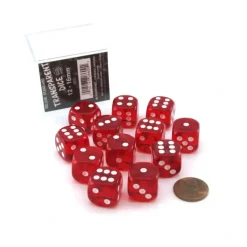 Dice-Case of 12 Deluxe Transparent 16mm Round Edge Dice - Red with White Pips - Your Source for Gaming Essentials