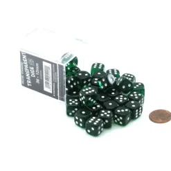 Dice-Case of 36 Deluxe Transparent Small 12mm Round Edge Dice - Green with White Pips - Your Source for Gaming Essentials