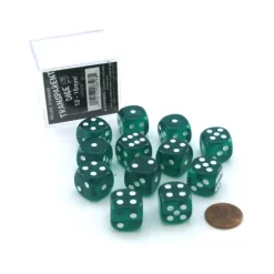 Dice-Case of 12 Deluxe Transparent 16mm Round Edge Dice - Green with White Pips - Your Source for Gaming Essentials