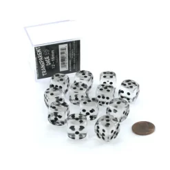 Dice-Case of 12 Deluxe Transparent 16mm Round Edge Dice - Clear with Black Pips - Your Source for Gaming Essentials
