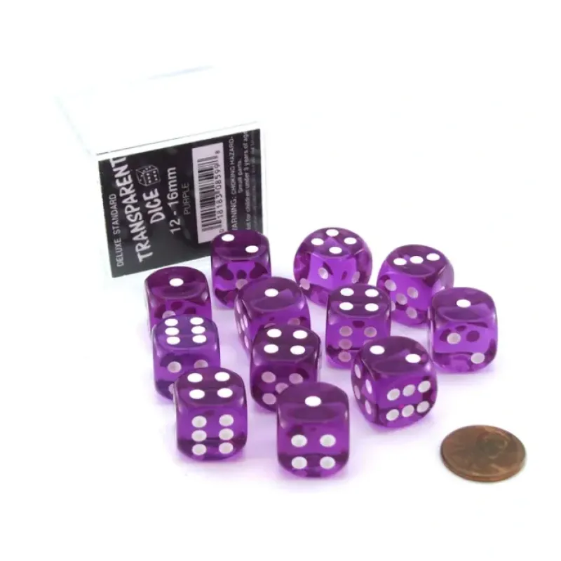 Dice-Case of 12 Deluxe Transparent 16mm Round Edge Dice - Purple with White Pips - Your Source for Gaming Essentials