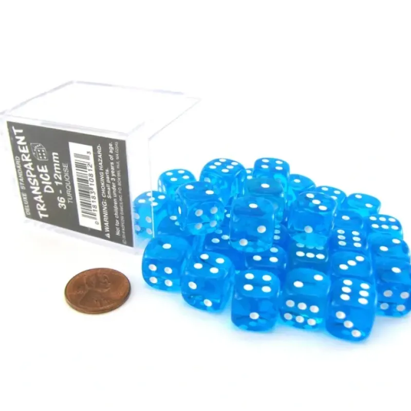 Dice-Case of 36 Deluxe Transparent Small 12mm Round Edge Dice - Turquoise with White - Your Source for Gaming Essentials