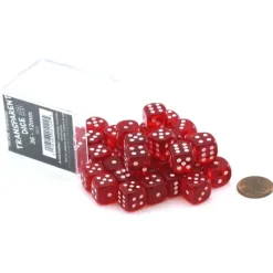 Dice-Case of 36 Deluxe Transparent Small 12mm Round Edge Dice - Red with White Pips - Your Source for Gaming Essentials