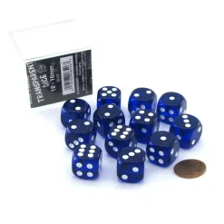 Dice-Case of 12 Deluxe Transparent 16mm Round Edge Dice - Blue with White Pips - Your Source for Gaming Essentials