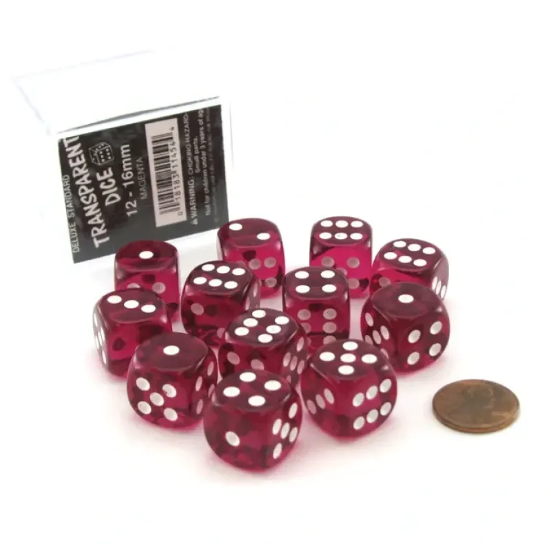 Dice-Case of 12 Deluxe Transparent 16mm Round Edge Dice - Magenta with White Pips - Your Source for Gaming Essentials