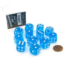 Dice-Case of 12 Deluxe Transparent 16mm Round Edge Dice - Turquoise with White Pips - Your Source for Gaming Essentials