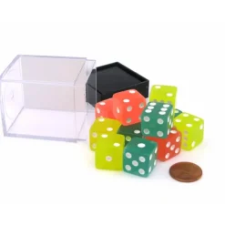 Dice-Case with 12 16mm Glow in the Dark Dice - 4 Each of Lemon Lime and Peach Colors - Your Source for Gaming Essentials