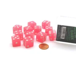 Dice-Case with 12 16mm Glow in the Dark Dice - Peach Color with White Pips - Your Source for Gaming Essentials