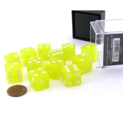 Dice-Case with 12 16mm Glow in the Dark Dice - Lemon Color with White Pips - Your Source for Gaming Essentials