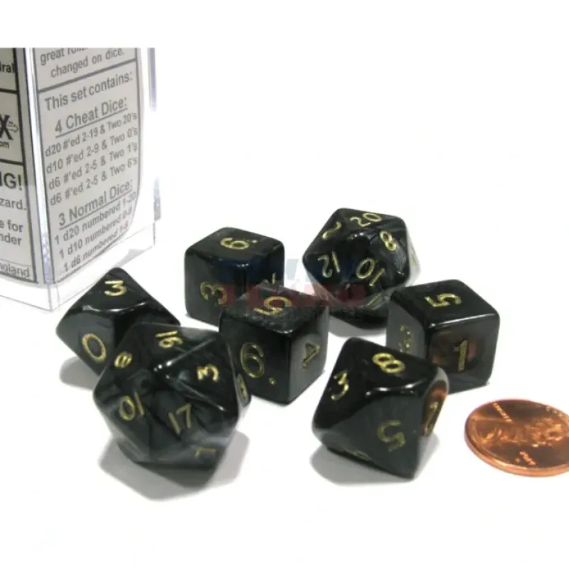 Dice-Cheater's Polyhedral 7-Dice Chessex Set - Pearlescent Black-Gray with Gold - Your Source for Gaming Essentials