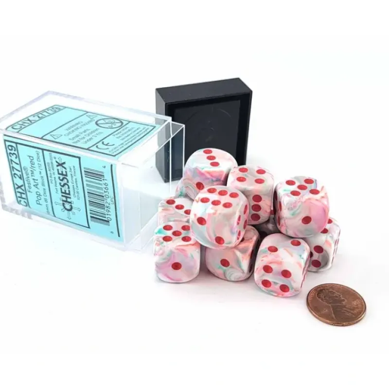 Dice-Festive 16mm D6 Chessex Dice Block (12 Die) - Pop Art with Red Pips - Your Source for Gaming Essentials