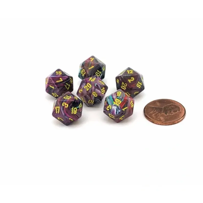 Dice-Festive 12mm Mini 20 Sided D20 Dice, 6 Pieces - Mosaic with Yellow Numbers - Your Source for Gaming Essentials