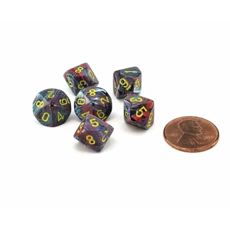 Dice-Festive 10mm Mini 10 Sided D10 Dice, 6 Pieces - Mosaic with Yellow Numbers - Your Source for Gaming Essentials