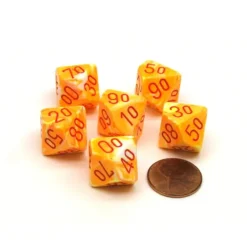 Dice-Festive 16mm Tens D10 (00-90) Chessex Dice, 6 Pieces - Sunburst with Red Numbers - Your Source for Gaming Essentials