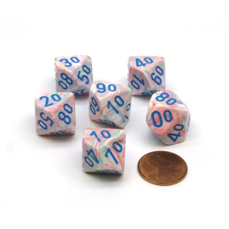Dice-Festive 16mm Tens D10 (00-90) Chessex Dice, 6 Pieces - Pop Art with Blue Numbers - Your Source for Gaming Essentials