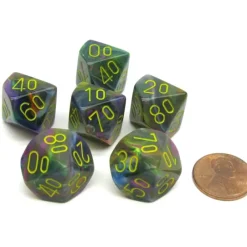 Dice-Festive 16mm Tens D10 (00-90) Chessex Dice, 6 Pieces - Rio with Yellow Numbers - Your Source for Gaming Essentials