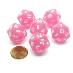 Dice-Frosted 20 Sided D20 Chessex Dice, 6 Pieces - Pink with White Numbers - Your Source for Gaming Essentials